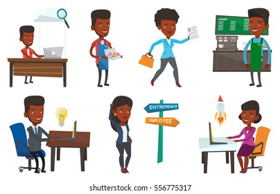 Homem de negócios africano usando tecnologias de computação em nuvem. Homem de negócios trabalhando em laptop em nuvem. Conceito de computação em nuvem. Conjunto de ilustrações de design plano vetorial isoladas sobre fundo branco.