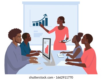 African business people at the presentation. Realistic group portrait of colleagues in the office. Teamwork concept. Flat hand drawn illustration on white background.