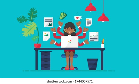 African business woman busy working flat vector illustration. Young afro american businesswoman at workplace with many tasks. Successful multitasking female entrepreneur or office manager