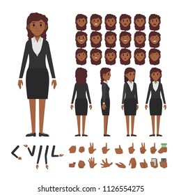 African business woman character set. Full length. Different view, emotion, gesture.
