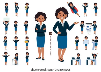 African business woman character set 6 in five head to body ratio scale. Working and general situation pose of staff.