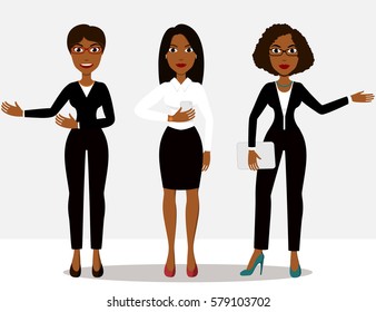 African business woman in different poses and various clothes. Vector set of full body detailed character with phone, tablet, glasses