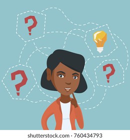 African business woman having creative idea. Young business woman standing with question marks and idea light bulb above her head. Business idea concept. Vector cartoon illustration. Square layout.