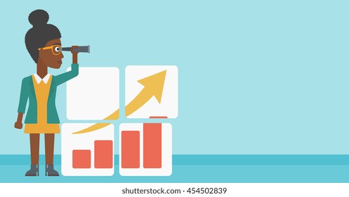 An african business woman looking through a spyglass at chart. Woman searching opportunities for business growth. Business vision concept. Business vector flat design illustration. Horizontal layout.