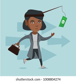 African business woman motivated by money hanging on a fishing rod. Business woman running for money hanging on a fish-rod. Business motivation concept. Vector cartoon illustration. Square layout.