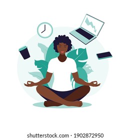 African business woman practicing meditation and yoga with office icons on the background. Time management concept. Vector illustration. Flat.