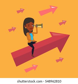 An african business woman searching for opportunities. Business woman using spyglass for searching of opportunities. Business opportunities concept. Vector flat design illustration. Square layout.