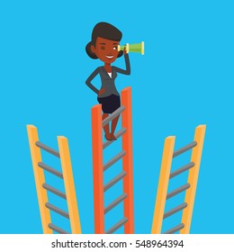 An african business woman searching for opportunities. Business woman using spyglass for searching of opportunities. Business opportunities concept. Vector flat design illustration. Square layout.