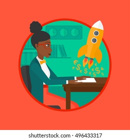 An african business woman sitting at the table and looking at a business start up rocket taking off. Business start up concept. Vector flat design illustration in the circle isolated on background.