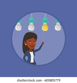 African business woman switching on hanging idea light bulb. Young business woman pulling a light switch. Business idea concept. Vector flat design illustration in the circle isolated on background.