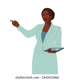 African business woman with tablet. Flat portrait of modern and free lady boss. Realistic illustration on white background.