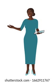 African business woman with tablet. Flat portrait of modern and free lady boss, speaker, teacher. Hand drawn illustration on white background. 