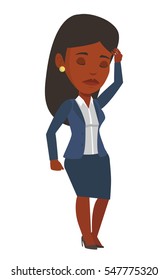 African business woman thinking with closed eyes. Business woman scratching head during thinking process. Concept of business thinking. Vector flat design illustration isolated on white background.