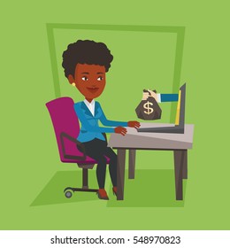 An african business woman working in office and bag of money coming out of laptop. Woman earning money from online business. Online business concept. Vector flat design illustration. Square layout