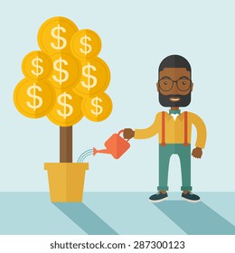 An african businessma standing while happily watering a money tree growing bigger in a pot as a sign of his success in business. Hardworking concept. A contemporary style with pastel palette soft blue