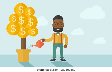 An african businessma standing while happily watering a money tree growing bigger in a pot as a sign of his success in business. Hardworking concept. A contemporary style with pastel palette soft blue