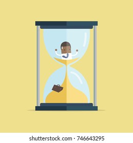 African businessman be trapped in hourglass and sinking in sand. Expired deadline, business time management, time is running out themes design. vector