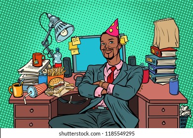 African businessman birthday, working place. Pop art retro vector illustration vintage kitsch