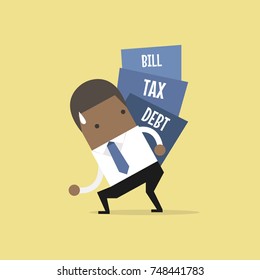 African businessman carry pile of debt, tax and bill. vector