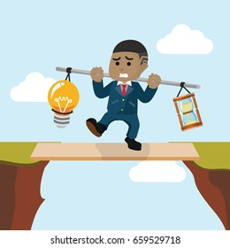 african businessman carrying bulb and hourglass on plank