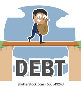 african businessman carrying money sack between debt cliff