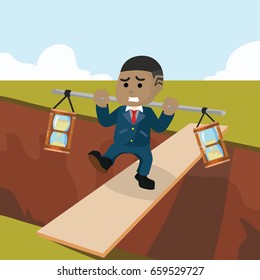 african businessman carrying two hourglass on plank