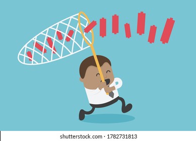 African businessman chasing partner graph candlesticks with net