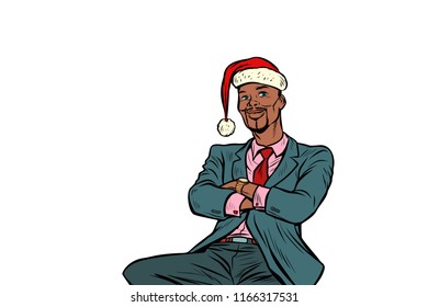 African businessman in a Christmas hat. Pop art retro vector illustration vintage kitsch