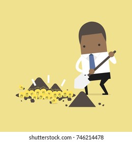 African businessman digging a ground to find an idea. vector