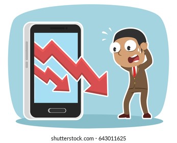 african businessman with down graph out from smartphone