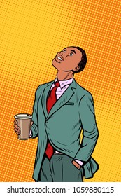 African businessman drinking coffee and looking up. Pop art retro comics cartoon vector illustration kitsch drawing