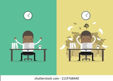 African Businessman Finish Working And Busy Businessman Unfinished Work. Business Concept Cartoon.