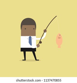 African businessman fishing a big fish.