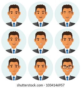 African businessman flat avatars set with different facial expressions. Bussines people's emotional faces icons collection. Vector illustration.