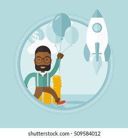 An african businessman flying near business start up rocket. Business start up concept. Man came up with a business startup. Vector flat design illustration in the circle isolated on background.