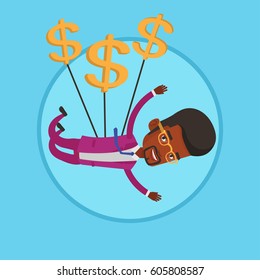 African businessman gliding in the sky with dollars. Businessman flying with dollar signs. Businessman using dollars as parachute. Vector flat design illustration in the circle isolated on background.