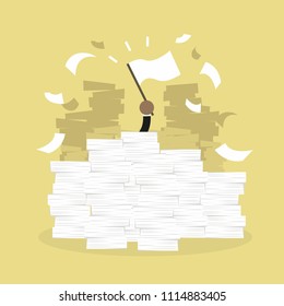 African businessman hand with white flag. Office desk loaded of paperwork , invoices and a lot of papers, documents.