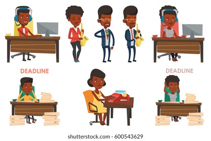 African businessman having problem with deadline. Businessman sitting at workplace and clutching head because of missed deadline. Set of vector flat design illustrations isolated on white background.