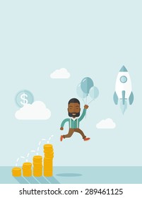 An african Businessman holding balloons fly high with coin graph that shows increase in sales. Start up business concept. A Contemporary style with pastel palette, soft blue tinted background with