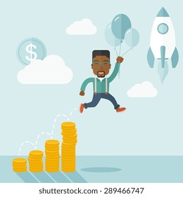 An african Businessman holding balloons fly high with coin graph that shows increase in sales. Start up business concept. A Contemporary style with pastel palette, soft blue tinted background with