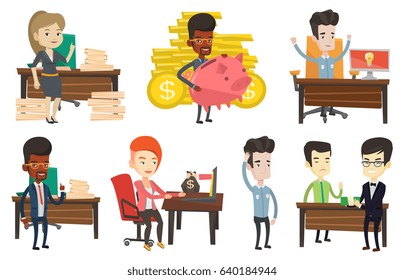 African businessman holding a big piggy bank on thee background of stacks of gold coins. Businessman saving money in a piggy bank. Set of vector flat design illustrations isolated on white background.