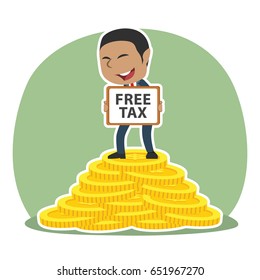 african businessman holding free tax sign on pile of coins