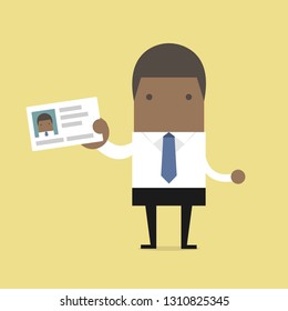 African businessman holding id card in flat style.