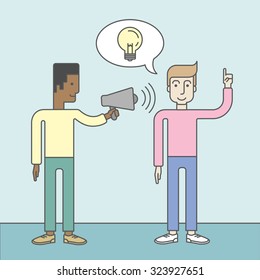 An african businessman holding a megaphone and caucasian man pointing at light bulb. Announcement concept. Vector line design illustration. Square layout.