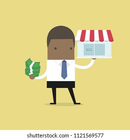 African businessman holding shop and money.