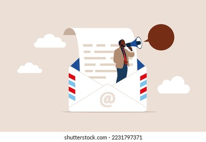 African Businessman holds megaphone standing in email envelope announcing. Subscription on web. Sending email newsletter for discount. Email marketing. Flat vector illustration.