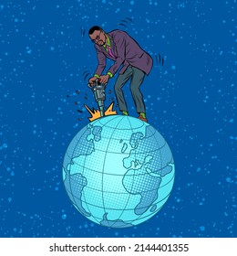 An African businessman with a jackhammer extracts natural resources from the planet earth. The world economy. Global Business. Pop Art Retro Vector Illustration 50s 60s Vintage kitsch style