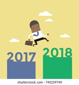 African businessman jump from 2017 to 2018. vector