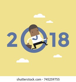 African businessman jump throw zero in number 2018. vector