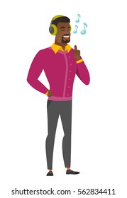 African businessman listening to music in headphones. Full length of businessman with his eyes closed listening to music in headphones. Vector flat design illustration isolated on white background.